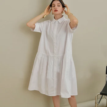 Johnature Simple New Turn-down Collar Women Shirt Dresses 2023 Лятна раирана свободна корейска женска рокля с дължина до коляното