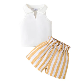 Kid Toddler Baby Girl Sleeveless Lapel Vest Top Striped Shorts Casual Clothes