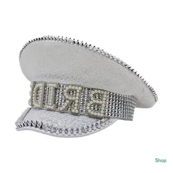 L5YC Стилна шапка за булка Тежки кристали Пайети Перли Капитан Шапка Сватбена снимка