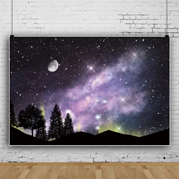 Laeacco Dreamy Starry Shiny Star Фотографски фон Нощен изглед Галактика Луна Гора Дете Photocall Плакат Фото Фонове