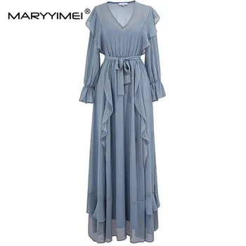 MARYYIMEI Мода пролет лято Дамска рокля V-образно деколте къдри романтични реколта елегантни плажни ваканционни рокли