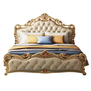 Queen Unique European Double Bed Base Wrap Edges King Size Luxury Bed Frame Girl Wood Sleeping Bedroom Set Furniture
