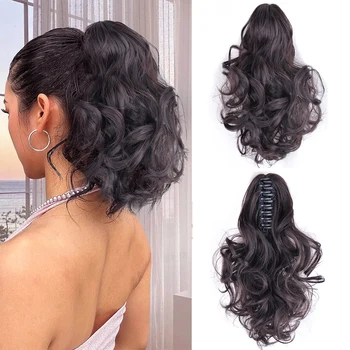 Synthetic PonyTail Short Wavy Claw Clip On Ponytail Hair Extensions Black Blonde Pony Tail Hair piece For Women Daily Party