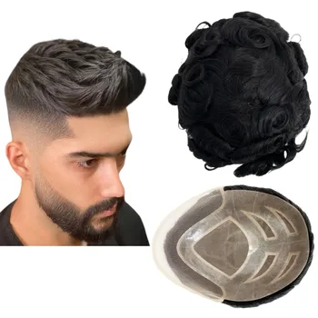 Toupee за мъже Перуки за човешка коса Мъже Toupee FPM протезни единици кръпка къдрава вълна Toupee коса Real Human Replacemet