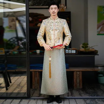 Yourqipao Шампанско Мъжко облекло Xiuhe 2023 Ново злато китайски Tang костюм мъжки сватбена рокля младоженец приемни комплекти тост дрехи