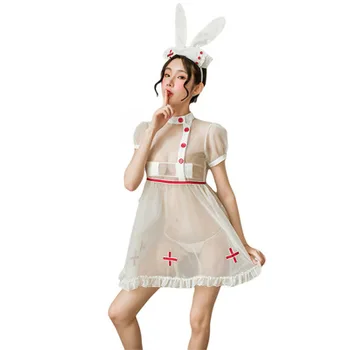 Бяла медицинска сестра униформа косплей униформа изкушение секси окото прозрачен секси костюм сладък заек спасител прозрачен бельо 4-парче