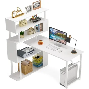 Въртящо се компютърно бюро с 5 рафта за книги, модерно L-образно ъглово бюро с място за съхранение, реверсивна офис бюро учебна маса