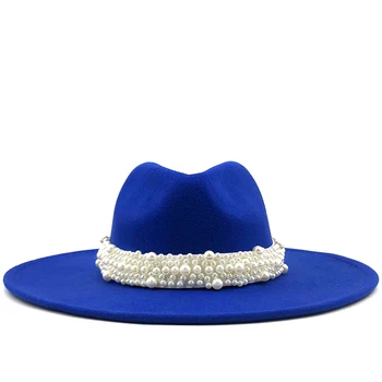 Горещ британски стил зимна вълна твърда Класически fedoras шапка мъже жени панама джаз шапка Перлена лента 9.5CM широка периферия Голям бял Fedoras