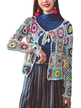 Дамски Y2K плетене на една кука плетени върхове дълъг ръкав цвят блок кухи пуловер блуза тениска 90s улично облекло колекция