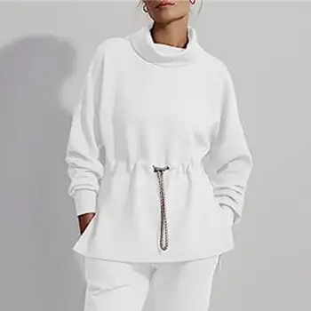 Дамски суитчър уютен висока яка шнур талията дамски пуловер топла зимна блуза с хлабав годни средата дължина дизайн жени