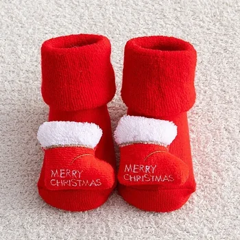 Детска есен и зима Удебелен вълнен кръг Детски празничен червен новородено бебе Коледа Midtube крак точка етаж чорапи