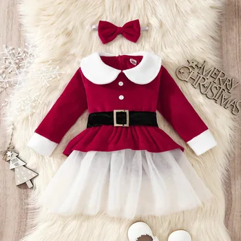 Детска коледна рокля момиче червена новогодишна рокля ревера дълъг ръкав талията мрежеста рокля с колан забрадка