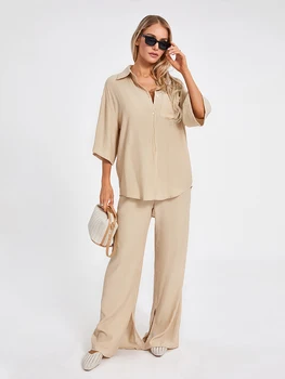 Жени 2 парче панталони комплекти шезлонги плътен цвят хлабав бутон риза жилетка+ еластични дълги панталони костюми пижама комплект меко спално облекло