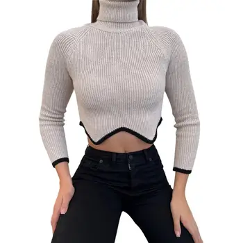 Жените дълъг ръкав вълна подгъв оребрени изрязани пуловер зимата контраст цвят тънък годни поло пуловер пуловер свитер женский