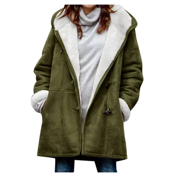 Жените зимата плюс размер твърди плюс кадифе палто дълъг ръкав рог ключалката джоб палто кадифе палто дълъг ръкав рог палто