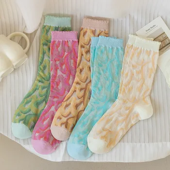 Жените случайни дантела прозрачни с печат коприна глезена къси чорапи мода Harajuku реколта сладък еластични високо дълги крака чорапи
