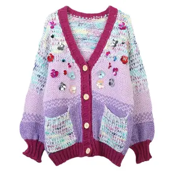 Зимни нови хлабав ръчно изработени плетени жилетка пуловер пуловер жените сладък лъскав цвят v-образно деколте еднореден плета палто
