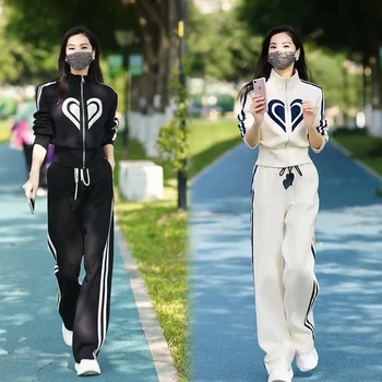 корейски стил жени спортен костюм екипировки райе отпечатано яке пуловер + панталон бягане джогър фитнес фитнес тренировка случайни комплект анцуг