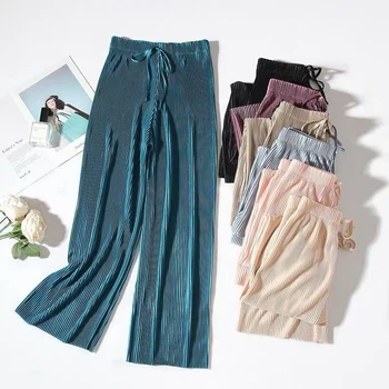 Летни широки панталони за крака за жени Ежедневни ластици с висока талия 2023 Нова мода хлабав дълги панталони плисирани панталони панталони Femme