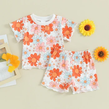 Малко дете бебе момиче дрехи бебе лято комплект сладък цвете печат облекло къс ръкав тениска Топ еластичен къс костюм