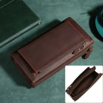 мъжки кожени чанти, бизнес чанти, горен слой телешка мултифункционална чанта с дълъг цип