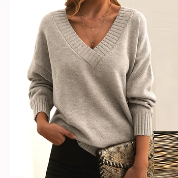 Нова есен/зима дълъг ръкав плътен цвят пуловер мода жените v-образно деколте хлабав офис трикотажни отгоре случайни спортни риза на жените