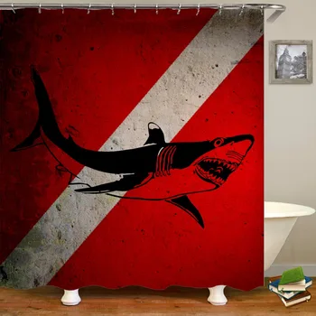 Новост Пазете се от акули душ завеса смешно страшно акула червено черно синьо баня завеса водоустойчив океан животински декор подаръци