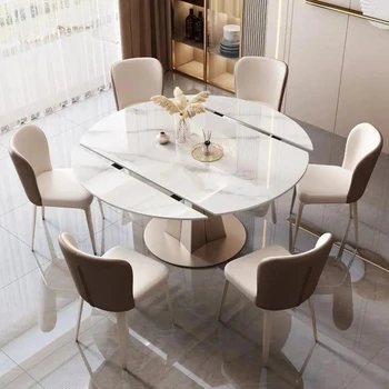 Разтегателна 6-местна маса за хранене за ресторант от висок клас Мебели за дома Мраморен камък кръгла кухненска маса с грамофон