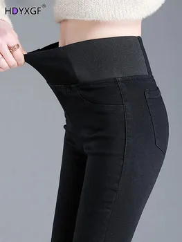 Случайни висока талия еластични дънки жени пролетта кльощава тънък реколта дънкови панталони плюс размер 38 мека мода измиване молив Vaqueros 2024