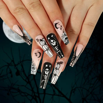 Черен Хелоуин фалшиви нокти Y2k с тиква звезда луна дизайни фалшив нокти дълго балерина нокти комплект натиснете на дълъг ковчег нокти съвети