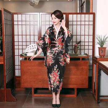 Черна мода национални тенденции жени секси кимоно юката с Obi новост вечерна рокля японски косплей костюм флорални един размер